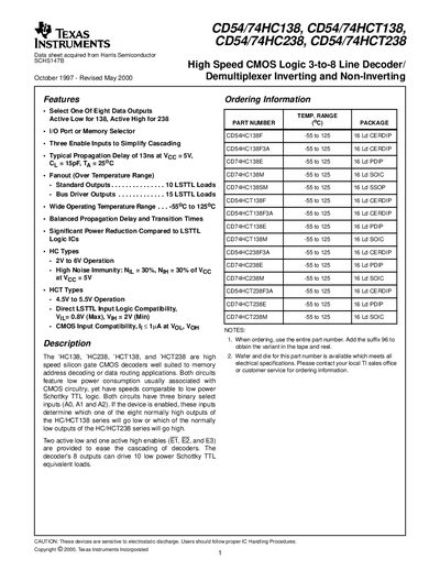 Texas Instruments CD54/74HC138, CD54/74HCT138, CD54/74HC238, CD54/74HCT238 Datasheet - cover page