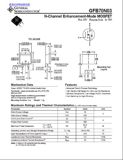 General Semiconductor GFB70N03 MOSFET Datasheet - cover page