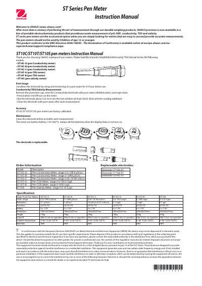 OHAUS ST Series Pen Conductivity/TDS/Salinity Meters Instruction Manual - cover page