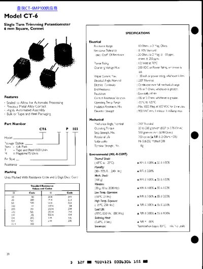Each Manufacturing Company CT-6 Single Turn Trimming Potentiometer Datasheet - cover page