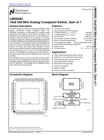 National Semiconductor LMH6582 Analog Crosspoint Switch Datasheet - cover page