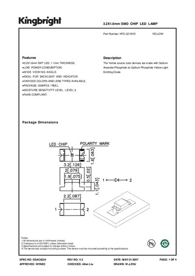 KINGBRIGHT 3.2X1.6mm SMD CHIP LED LAMP Part Number: KPC-3216YD - cover page