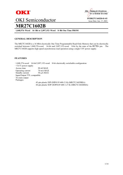 Oki MR27C1602B 16 Mbit OTP Memory Datasheet - cover page