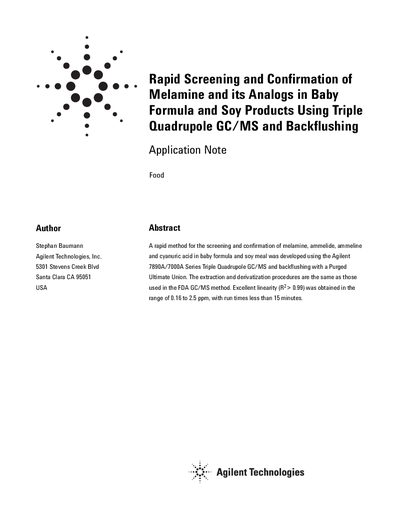 Agilent 7890A/7000A Series Melamine Screening Confirmation Application Note - cover page