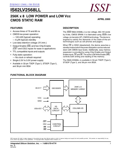 ISSI IS62LV2568LL SRAM Datasheet - cover page