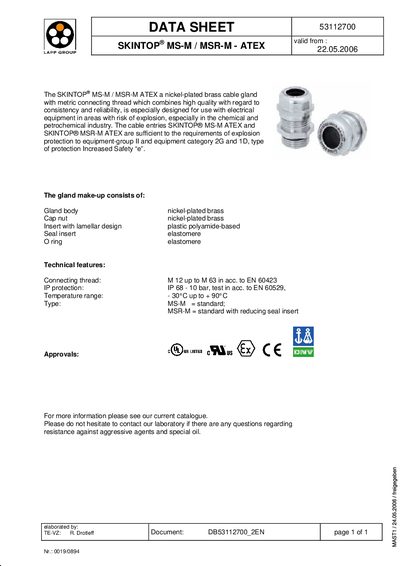 LAPP SKINTOP MS-M / MSR-M Cable Gland ATEX Data Sheet - cover page
