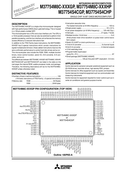 MITSUBISHI ELECTRIC M37754M8C-XXXGP M37754M8C-XXXHP M37754S4CGP M37754S4CHP SINGLE-CHIP 16-BIT CMOS MICROCOMPUTER - cover page