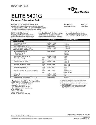 Dow ELITE 5401G Enhanced Polyethylene Resin Datasheet - cover page