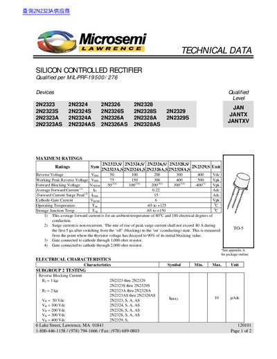 Microsemi Lawrence 2N2323/2N2323S/2N2323A/2N2323AS/2N2324/2N2324S/2N2324A/2N2324AS/2N2326/2N2326S/2N2326A/2N2326AS/2N2328/2N2328S/2N2328A/2N2328AS/2N2329/2N2329S technology handbook - cover page