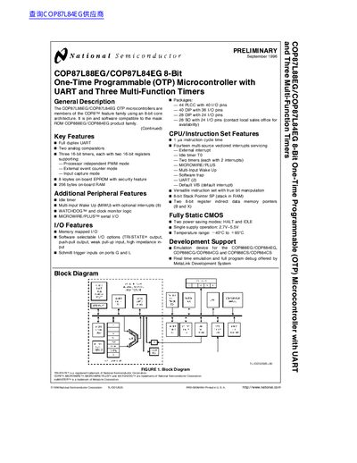 National Semiconductor COP87L88EG/COP87L84EG 8-Bit OTP Microcontroller Datasheet - cover page