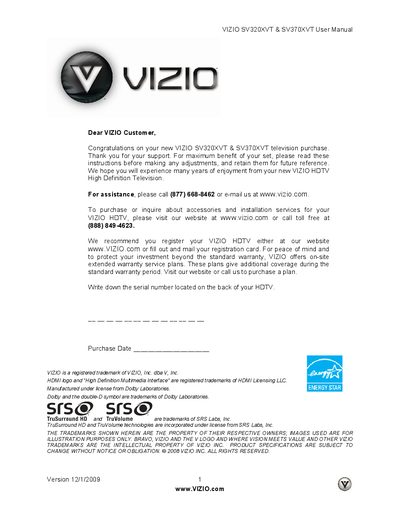 VIZIO SV320XVT & SV370XVT User Manual