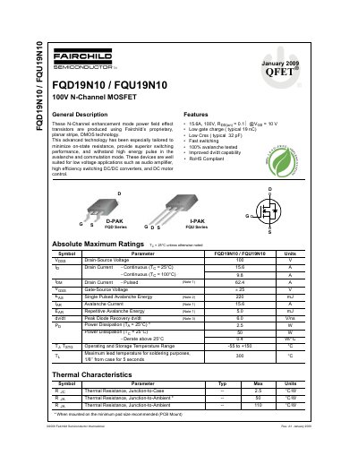 Fairchild Semiconductor FQD19N10/FQU19N10 100V N-Channel MOSFET Datasheet
