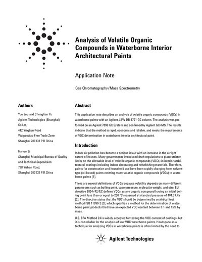 Agilent 7890A Series GC System Application Note for VOC Analysis in Paints - cover page