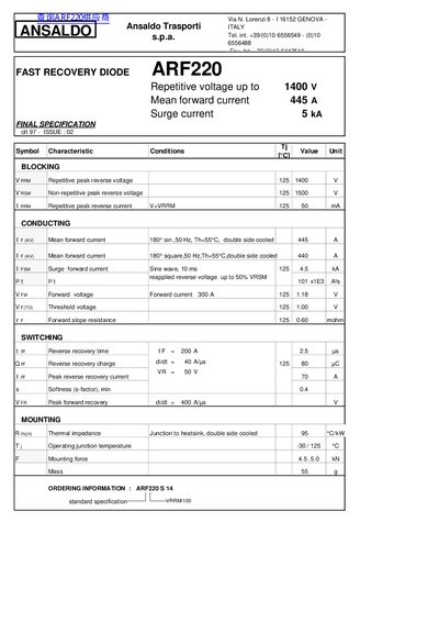 ANSALDO ARF220 Fast Recovery Diode Final Specification Data Sheet - cover page