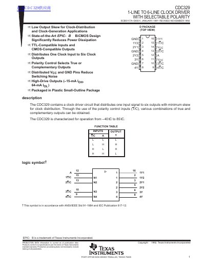 Texas Instruments CDC329 1-Line to 6-Line Clock Driver Datasheet
