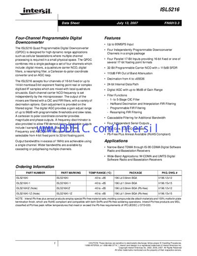 Intersil ISL5216 Quad Programmable Digital Downconverter Datasheet - cover page