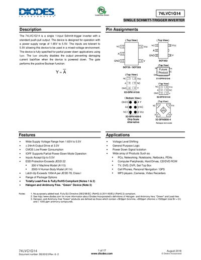 Diodes 74LVC1G14 Single Schmitt-Trigger Inverter Datasheet - cover page
