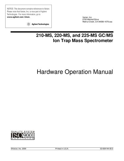 Agilent 210-MS/220-MS/225-MS GC/MS Ion Trap Mass Spectrometer Hardware Operation Manual - cover page