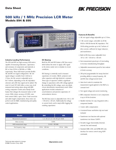 B&K Precision 894 & 895 Precision LCR Meter Data Sheet