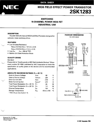 NEC 2SK1283 Power MOSFET Datasheet - cover page