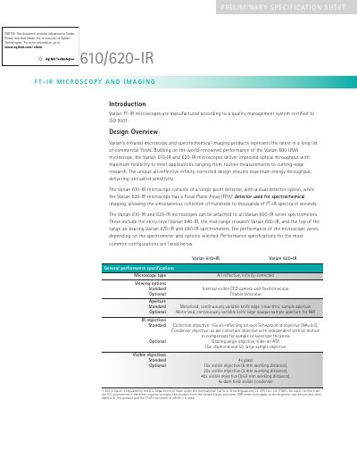 Varian 610/620-IR FT-IR Microscopy and Imaging Product Specifications - cover page