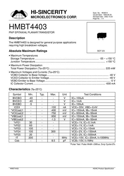 HI-SINCERITY HMBT4403 PNP Epitaxial Planar Transistor Datasheet - cover page