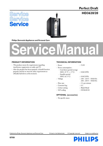 Philips Perfect Draft HD3620/20 Service Manual - cover page