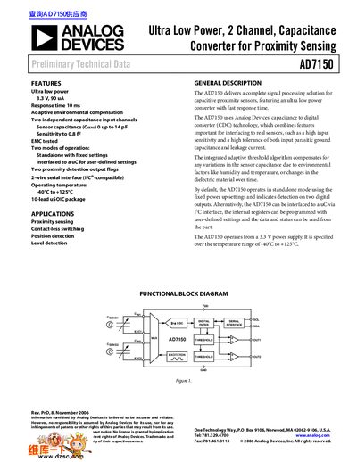 Analog Devices AD7150 Capacitance Converter Datasheet - cover page