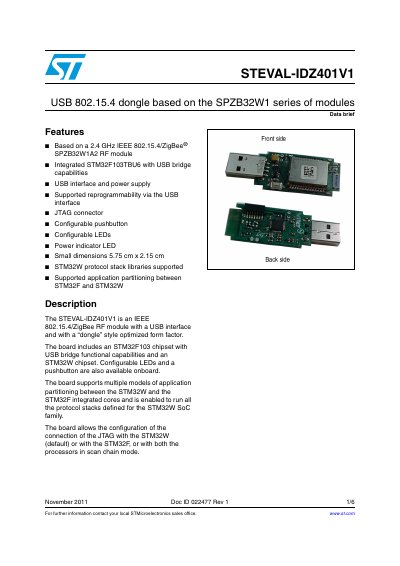 STMicroelectronics STEVAL-IDZ401V1 USB 802.15.4 Dongle Data Brief - cover page