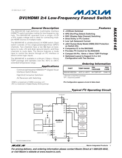 Maxim MAX4814E DVI/HDMI 2:4 Low-Frequency Fanout Switch Datasheet - cover page