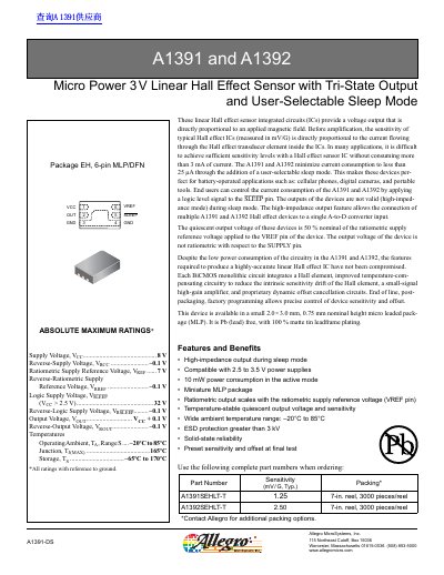 Allegro MicroSystems A1391/A1392 Micro Power 3V Linear Hall Effect Sensor Datasheet - cover page
