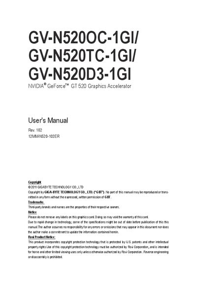 GIGABYTE GV-N520OC-1GI/ GV-N520TC-1GI/ GV-N520D3-1GI USER'S MANUAL - cover page