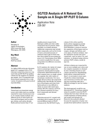 Agilent Application Note 228-387: GC/TCD Analysis of Natural Gas on HP-PLOT Q Column - cover page