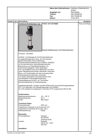 Grundfos CR 64-6 High Pressure Circulating Pump Technology Data - cover page