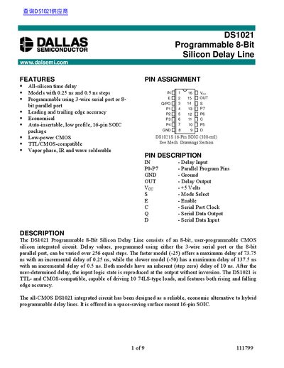 Dallas Semiconductor DS1021 Programmable 8-Bit Silicon Delay Line Datasheet - cover page