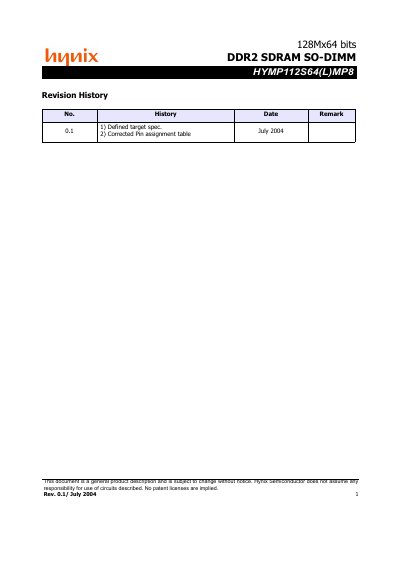 Hynix HYMP112S64(L)MP8 DDR2 SDRAM SO-DIMM Datasheet - cover page
