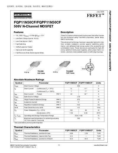 Fairchild FQP11N50CF/FQPF11N50CF Datasheet - cover page