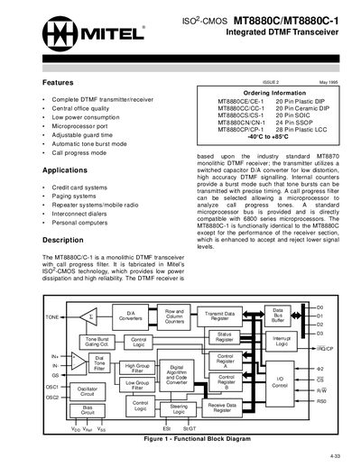 Mitel MT8880C/MT8880C-1 Integrated DTMF Transceiver Datasheet - cover page