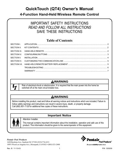 Pentair QT4 4-Function Hand-Held Wireless Remote Control Owner's Manual - cover page