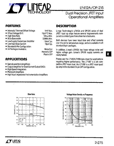 Linear Technology LF412A/OP-215 Dual Precision JFET Input Operational Amplifiers Datasheet - cover page