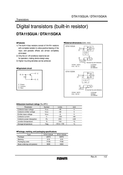 ROHM DTA115GUA Digital Transistor Datasheet - cover page