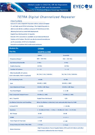Eyecom D-series CR380 HCRTD-A-WM Digital RF Repeater Datasheet - cover page