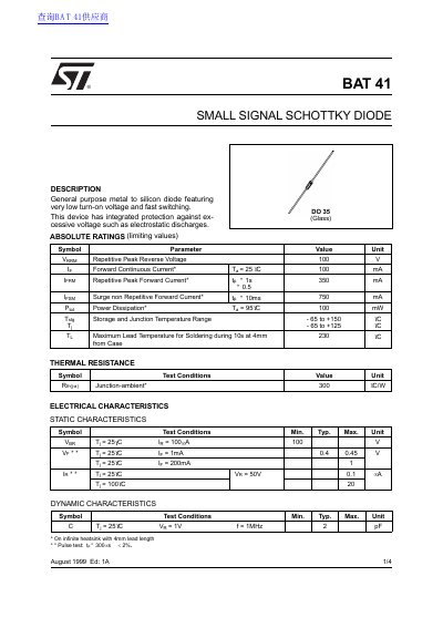 STMicroelectronics BAT41 Small Signal Schottky Diode Datasheet - cover page