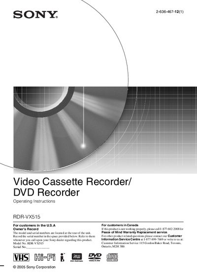 Sony RDR-VX515 Video Cassette Recorder/DVD Recorder Operating Instructions - cover page