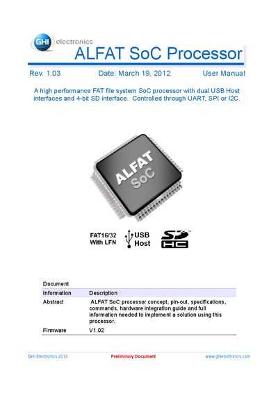 GHI ALFAT SoC Processor Rev. 1.03 Date: March 19 2012 User Manual - cover page