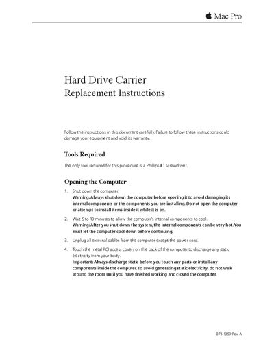APPLE Mac Pro 073-1059 Rev. A Hard Drive Carrier Replacement Instructions - cover page