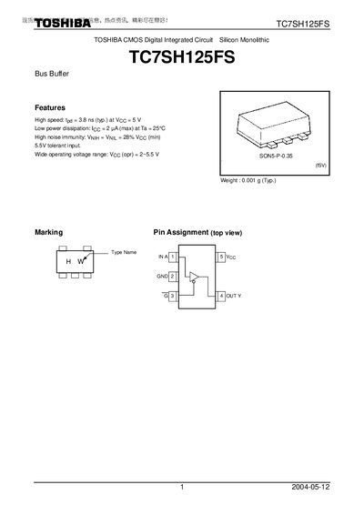 Toshiba TC7SH125FS Bus Buffer Datasheet