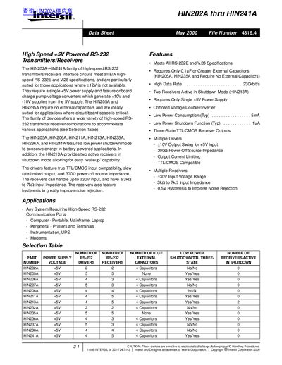 Intersil HIN202A thru HIN241A RS-232 Transceivers Data Sheet - cover page