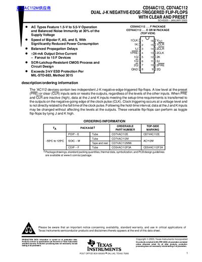 Texas Instruments CD54AC112/CD74AC112 Dual J-K Flip-Flops Datasheet