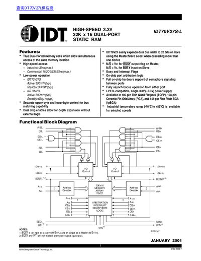 IDT IDT70V27S/L High-Speed 3.3V 32K x 16 Dual-Port Static RAM Datasheet - cover page